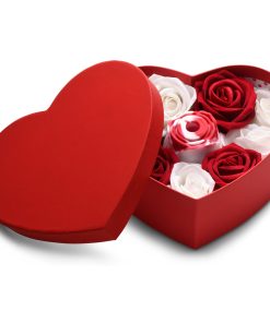 Rose Lovers Swirl gift set in included red heart box with decorative red and white flowers